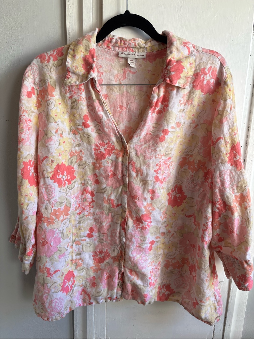 JM Collection Pink Coral Floral 100% Linen Button-Down Shirt